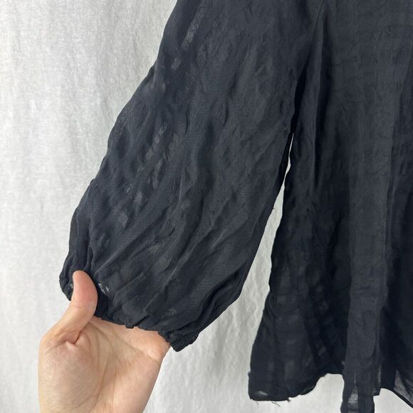 Pearl By Lela Rose Sheer Black Windowpane 3/4 Peasant Top Womens Size M - Picture 7 of 13